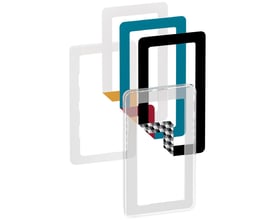 LK FUGA Choice designramme med 1x2 modul i transparent plast, vist med 6 forskellige farveindlæg bagved.