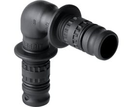 Geberit pres vinkel 90 grader med 50 mm diameter i sort plast med synligt Geberit logo.