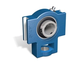 SKF SY-serie stållagerenhed komplet med 50mm indvendig diameter, støbejernshus og indsatsleje i blå farve.