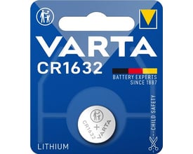Varta CR1632 lithium knapcellebatteri med 3,0V spænding, vist på blå baggrund.