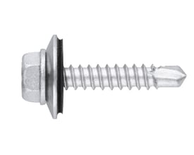 Robust bi-metal boreskrue 5,5mm/25mm med 8mm sekskanthoved og løs tætningsskive på hvid baggrund.