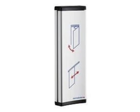 Dormakaba Albuekontakt AK 108 IP60 i aluminium med illustreret betjeningsvejledning og røde pile.