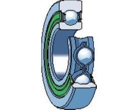 SKF 361201 R enradet løberulleleje i tværsnit, viser kuglerne og løbebanerne i grønne nuancer.