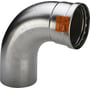 Viega Sanpress Inox XL bøjning 90° med 88,9 mm indstiksmuffer i rustfrit stål, med orange advarselsmærkat.