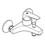 Grohe BauFlow, 1-grebsbatteri til kar og brus, vist som en teknisk tegning med dimensioner og montering detaljer.