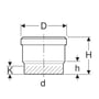 Teknisk tegning af Geberit PE stikmuffe med angivelse af dimensioner D, H, h, K og d.