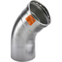 Viega Sanpress Inox XL 45 graders bøjning i rustfrit stål, dimension 88,9 x 88,9 mm, med presmuffe og orange advarselsmærkat.