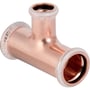 Geberit Mapress tee i kobber med muffe samling i dimensionerne 28 x 15 x 28 mm på hvid baggrund.