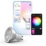 Pakke med Philips Hue Essential GU10 spotpærer, inklusive en pære og en mobilapp-skærm med farvevælger.
