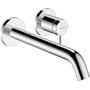 Hansgrohe Tecturis S håndvaskarmatur i krom med en 22,5 cm tud monteret på en væg med to cirkulære rosetter. Etgrebsbetjening ses tydeligt med rød og blå markering.