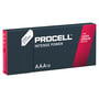 Emballagen til Duracell Procell Intense Power AAA-batteriet ses med mørkeblå og rød æske samt teksten AAA10.