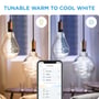 WiZ E27 LED globepære med tunable warm to cool white funktion, vist med både varm og kold hvid glød. Smartphone viser app-indstillinger for lysfarve.