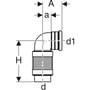Diagram af Geberit teleskopbøjning til toilet, med målindikationer for d, d1, H og a, sort PE materiale.