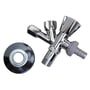 Dobbel stoppeventil 1/2" x 3/8" x 3/4" sett fra en annen vinkel med den medfølgende rosetten ved siden av.