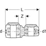 Teknisk tegning af Geberit FlowFit reduktion, sort PPSU, visende dimensioner d=40mm og d1=25mm samt længde L.