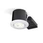 Philips Hue indbygningsspot, vist fra siden med den matte hvide front og sorte bagdåse.