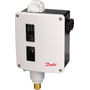 Danfoss RT112 pressostat i hvidt og sort design med 3/8" G tryktilslutning og manuel max reset funktion.