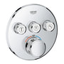 Grohe SmartControl termostat til indbygning, rund i krom med tre betjeningsknapper og temperaturvisning. 38 grader er vist.