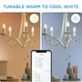 Visuel sammenligning af justerbar lysfarve fra varm til kold hvid med WiZ kertepærer i en lysekrone og styring via app.