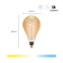 Dimensioner af WiZ E27 LED Amber Filament dråbepære, 16 cm i diameter og 29,6 cm i højde, med farveskala.