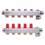 Danfoss SSM gulvvarmemanifold i rustfri stål med 5 kredse, vist fra to vinkler på hvid baggrund.