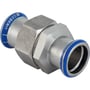 Geberit Mapress union i kromnikkelstål med 22mm presfitting og 1" omløbergewinde, med blå markering.