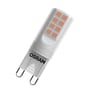Ledvance LED PIN matt G9-pære sett skrått forfra, med gjennomsiktig stiftformet kropp, to ben og synlig OSRAM-logo.