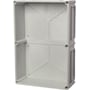 Fibox EK SOLID kassebund i grå polycarbonat, mål 560 x 380 x 150 mm, med indvendige monteringspunkter og forstærkninger.