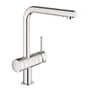 Nærbillede af Grohe Minta køkkenarmaturets sideprofil, der viser det elegante kromdesign og betjeningsgreb.