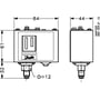 Måltegning av Danfoss KP7W pressostat med front- og sidevisning samt målmarkeringene 84, 44, 61 og 32.