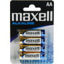 Maxell alkaliske AA/LR06-batterier på 1,5 V sett nærmere forfra i blisterpakning med fire celler.