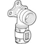 Line art illustration af Geberit FlowFit dækvinkel 90 grader, 25mm x 3/4, viser monteringsflange og tilslutninger.