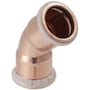 Geberit Mapress 15 mm kobberbøjning 45 grader med muffe-til-muffe samling i blankpoleret kobber med hvid pakning.