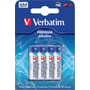 Verbatim Premium alkaline-batterier i AAA-størrelse vist i blå blisterpakning med fire batterier.