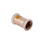 Geberit Mapress muffe til gasinstallationer, 22 mm, lavet af kobber med gul presseindikator og hvide markeringsringe.