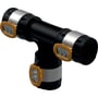 Geberit FlowFit T-stykke 75 mm PPSU i sort, med synlige metalringe og orange låseklips.