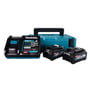 Oversigt over Makita 40V XGT batterisæt, inklusive to 4,0 Ah batterier, hurtiglader og Makpac opbevaringskuffert.